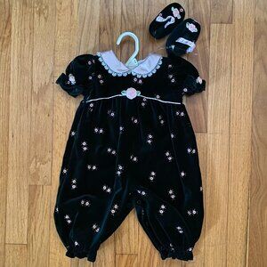 Vintage BT Kids Romper Green Velvet with Pink Embroidered Roses & Booties 3-6 M